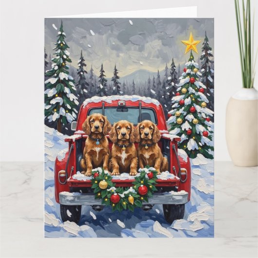 Cocker Spaniel Christmas Red Truck Holiday カード (正面)