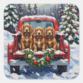 Cocker Spaniel Christmas Red Truck Holiday スクエアシール (正面)