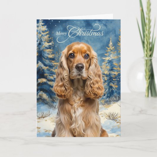 Cocker Spaniel Dog and Blue Winter Pine Forest シーズンカード (正面)