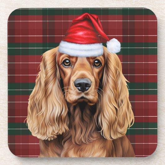 Cocker Spaniel Dog Holiday Plaid for Christmas コースター (正面)