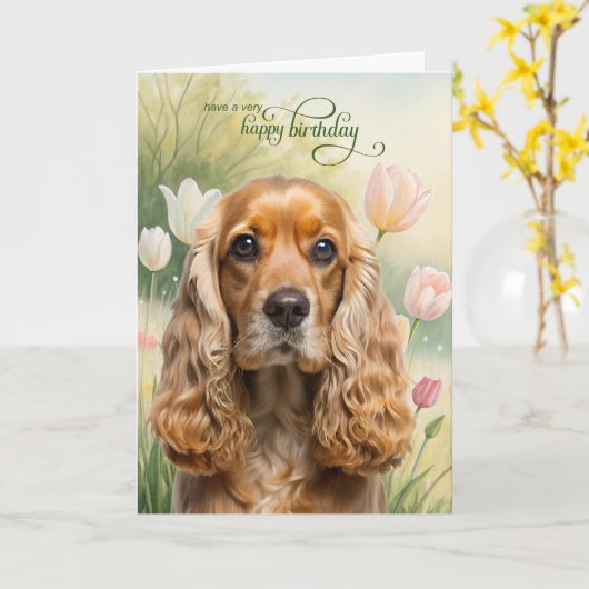 Cocker Spaniel Dog in a Tulip Garden Birthday カード (黄色い花)