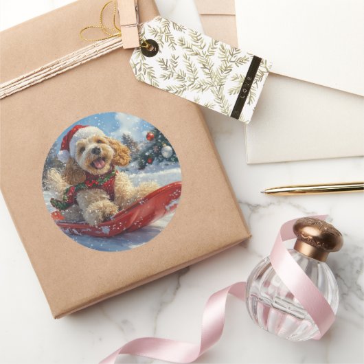 Cocker Spaniel Dog in Sledge Let it Snow Christmas ラウンドシール (ギフト)