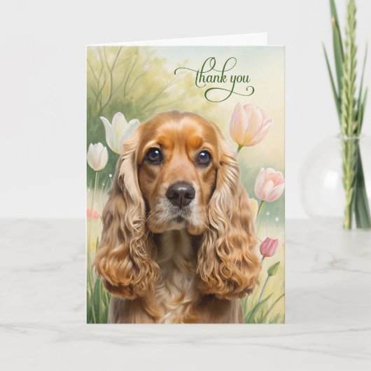 Cocker Spaniel Dog in Tulip Garden サンキューカード (正面)