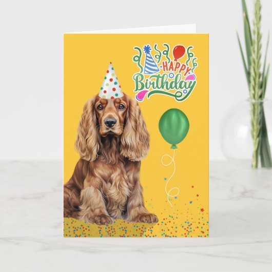 Cocker Spaniel Dog Party Hat Yellow Birthday カード (正面)