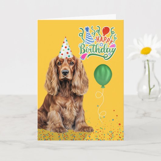 Cocker Spaniel Dog Party Hat Yellow Birthday カード (小さな植物)