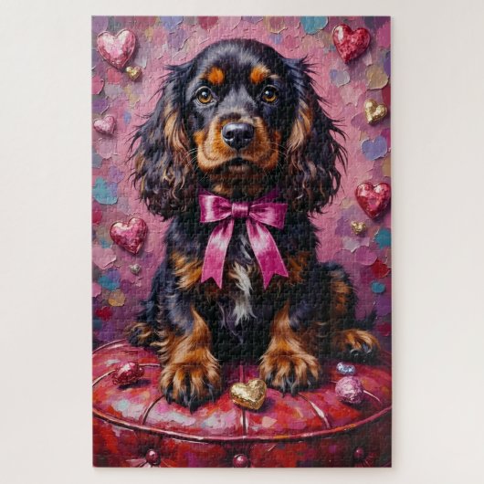 Cocker Spaniel Dog Valentine's Day Red Ottoman ジグソーパズル (縦)