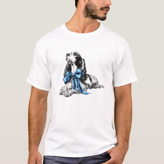 Cocker Spaniel Dog with Blue Bow Hand-Drawn Sketch Tシャツ (正面)