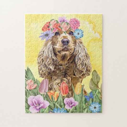 Cocker Spaniel Dog with Flowers Spring ジグソーパズル (縦)