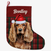 Cocker Spaniel Green and Red Plaid with Dog's Name ラージクリスマスストッキング (正面)