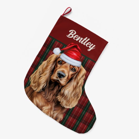 Cocker Spaniel Green and Red Plaid with Dog's Name ラージクリスマスストッキング (正面 (吊り時))