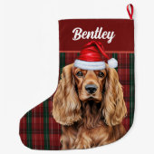 Cocker Spaniel Green and Red Plaid with Dog's Name ラージクリスマスストッキング (裏面)