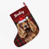 Cocker Spaniel Green and Red Plaid with Dog's Name ラージクリスマスストッキング (裏面 (吊り時))