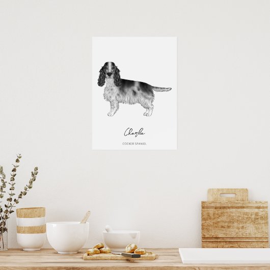 Cocker Spaniel In Black And White & Custom Text ポスター (キッチン)