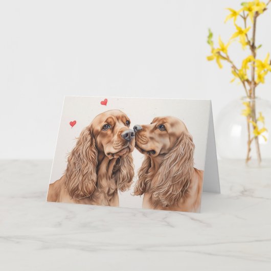 Cocker Spaniel Pair Valentine's Day カード (黄色い花)