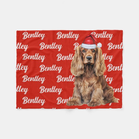 Cocker Spaniel Santa Dog Custom Name Christmas フリースブランケット (正面(横))