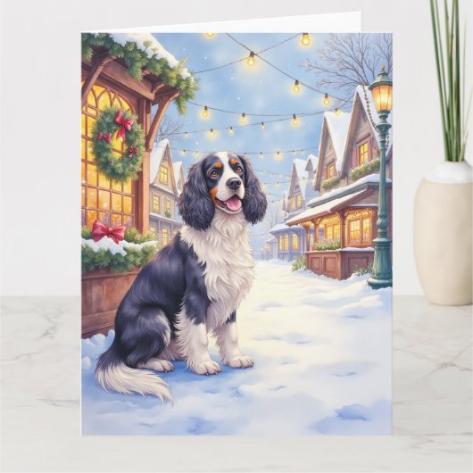 Cocker Spaniel Snowy Village Christmas Art カード (正面)