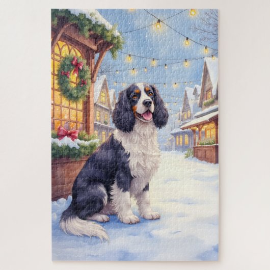 Cocker Spaniel Snowy Village Christmas Art ジグソーパズル (縦)