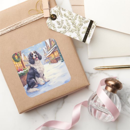 Cocker Spaniel Snowy Village Christmas Art スクエアシール (ギフト)