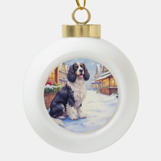 Cocker Spaniel Snowy Village Christmas Art セラミックボールオーナメント (正面)