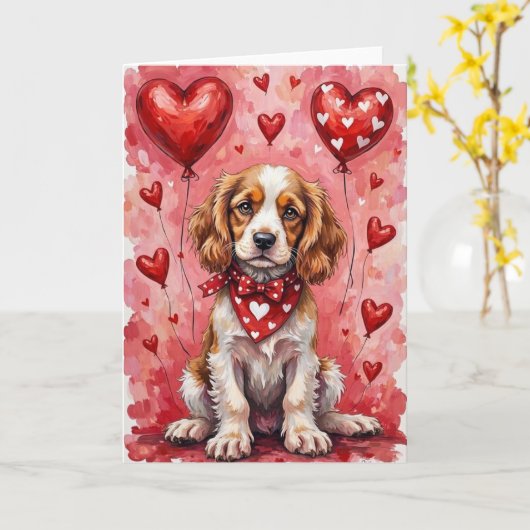 Cocker Spaniel Valentine’s Day Dog with Hearts Red カード (黄色い花)
