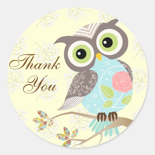 Cocking Head New ファンシー Owl Thank You Stickers ラウンドシール (正面)