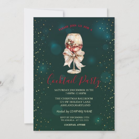  Cocktail Bow Stars Green Christmas Party  招待状 (正面)