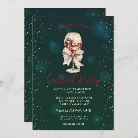 Cocktail Bow Stars Green Christmas Party 招待状 (正面/裏面)