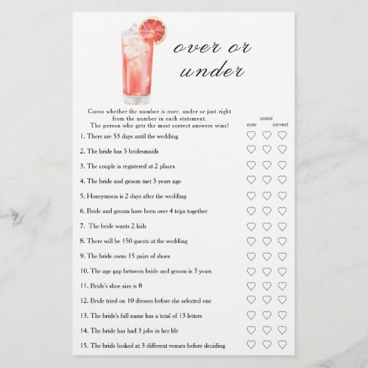 Cocktail Bridal shower - Over or under game (正面)