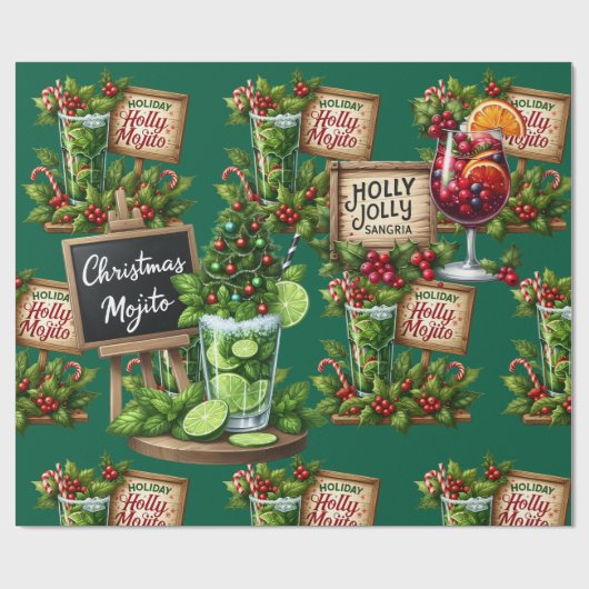 Cocktail Christmas Party with Drinks on Green ラッピングペーパー (フラット)