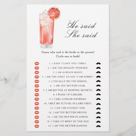 Cocktail - He said she said bridal shower game (正面)