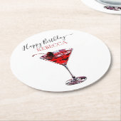 Cocktail Party Cherry Martini Happy Birthday ラウンドペーパーコースター (アングル)