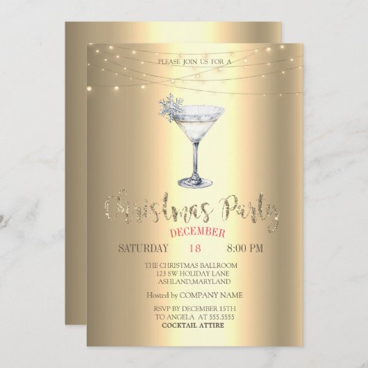  Cocktail Snowflake String Lights Gold Christmas  招待状 (正面/裏面)