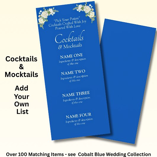 Cocktails Drinks Menu Card- Cobalt Blue & White  メニュー