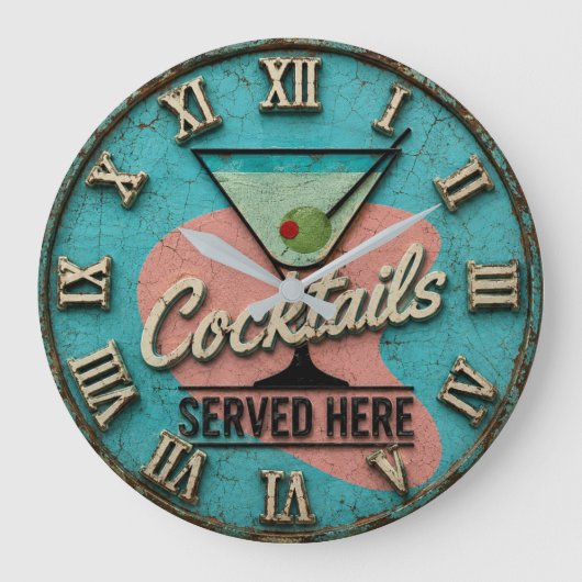 Cocktails Served Here Bar Decor Mid-Century ラージ壁時計 (正面)