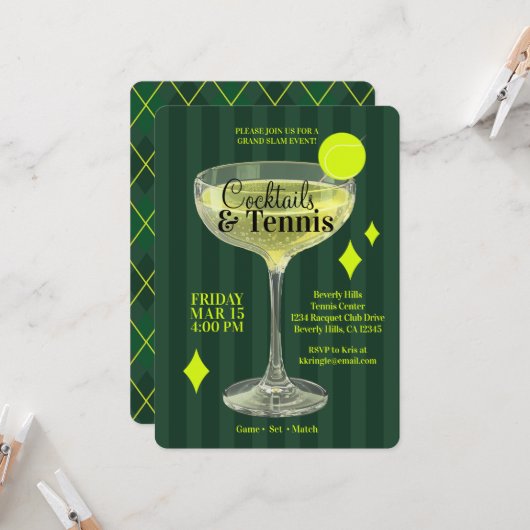 Cocktails & Tennis Party Invitation (green) 招待状 (正面/裏面インサイチュ)