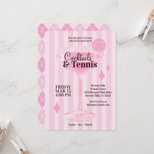 Cocktails & Tennis Party Invitation (pink) 招待状 (正面/裏面インサイチュ)
