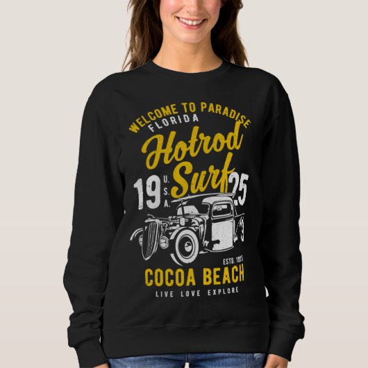 Cocoa Beach Florida Retro Hotrod Surf Distressed スウェットシャツ (正面)