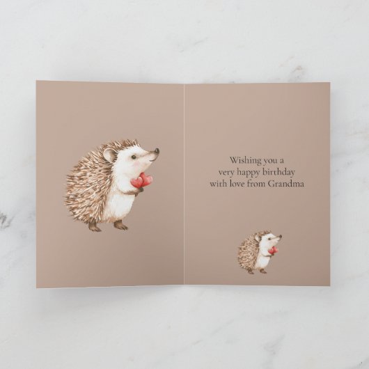 Cocoa Brown Cream Red Hearts Hedgehog Birthday カード (内部)