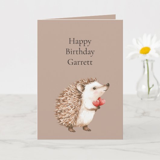 Cocoa Brown Cream Red Hearts Hedgehog Birthday カード (小さな植物)