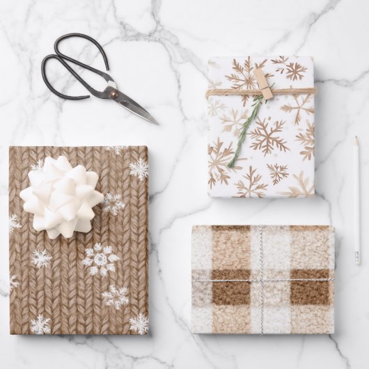 Cocoa Cream Snowflakes Plaid Stripes Christmas ラッピングペーパーシート (正面)