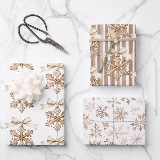 Cocoa Cream Snowflakes Stripes Christmas  ラッピングペーパーシート (正面)