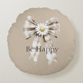 Cocoa Cream White Bow Daisy Flower Happy ラウンドクッション