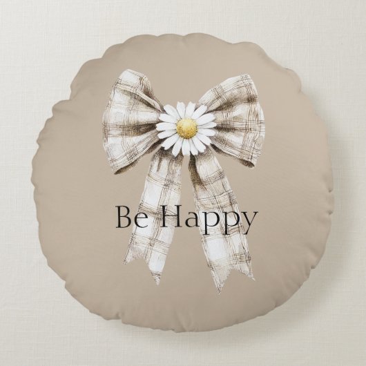 Cocoa Cream White Bow Daisy Flower Happy ラウンドクッション (正面)