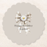 Cocoa Cream White Bow Daisy Flowers Birthday   ペーパーコースター<br><div class="desc">Cocoa Cream White Bow Daisy Flowers Birthday</div>