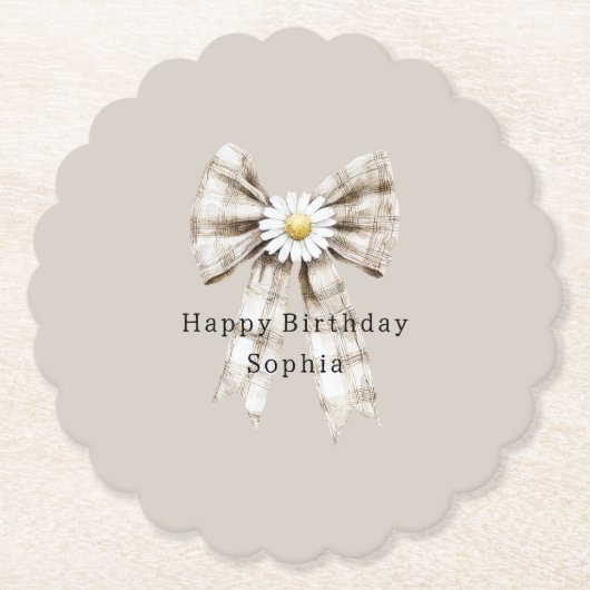 Cocoa Cream White Bow Daisy Flowers Birthday   ペーパーコースター (正面)