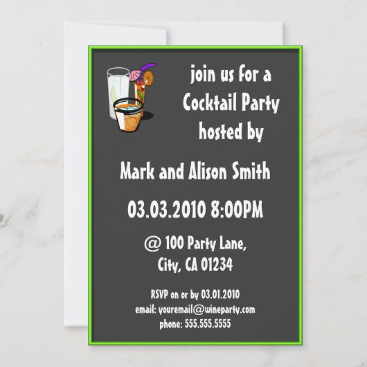 Coctailsのカクテルのパーティの招待状 招待状 (裏面)