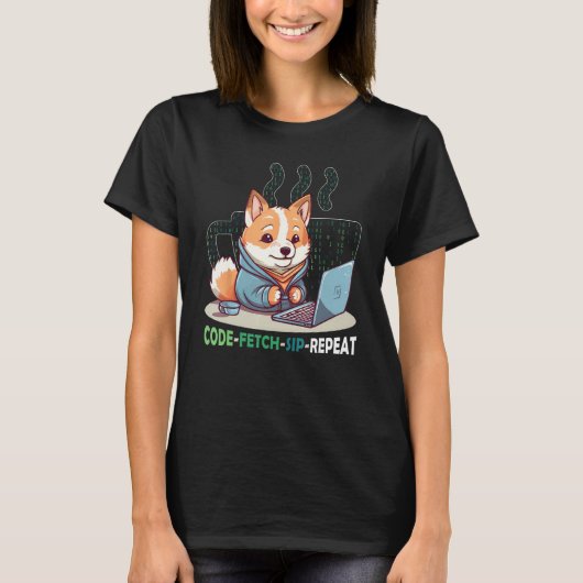 Code Fetch Sip Repeat Coffee Binary Shiba Inu Prog Tシャツ (正面)