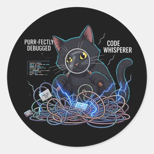 Code Whisperer Developer Cat Round Black Stickers ラウンドシール (正面)