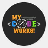 Code works funny programmer coding softwareCode wo ラウンドシール (正面)