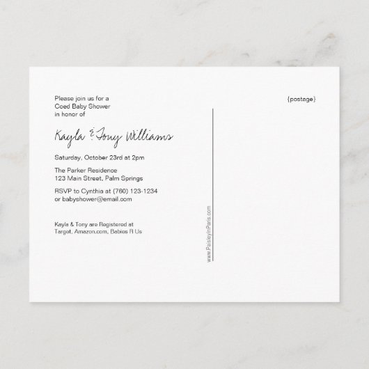 Coed Baby Shower、それは男の子だ インビテーションポストカード (裏面)